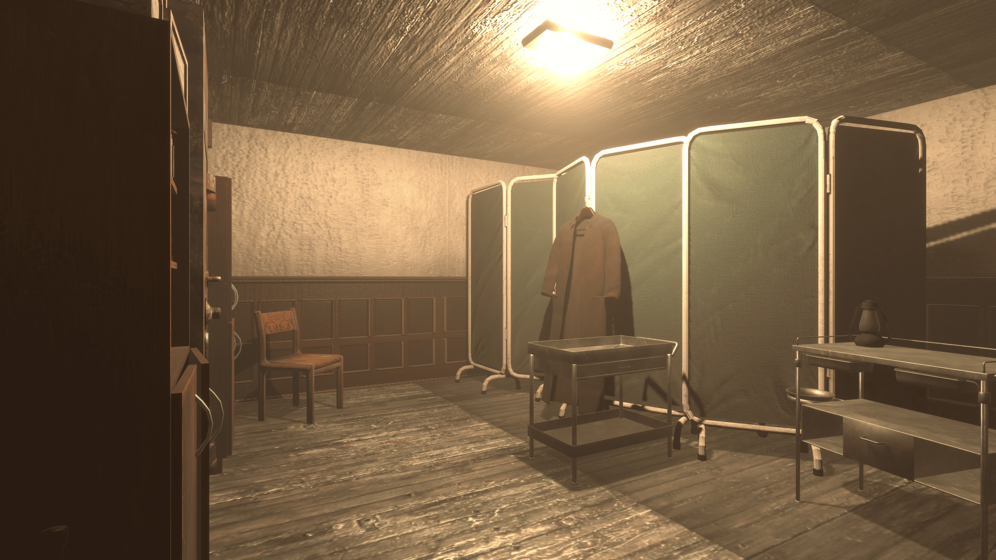 Пользователь подходит к стулу с гимнастеркой, достает подсвеченную записку, торчащую из кармана и подсвеченный карандаш. 