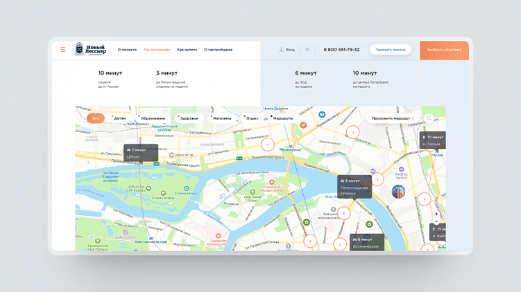 Интерактивная карта на сайте ЖК «Новый Лесснер»