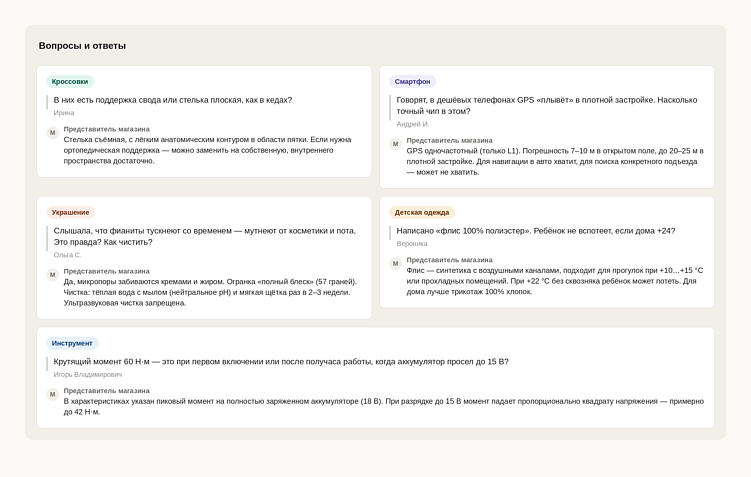Пример Q&A для продуктов разных категорий
