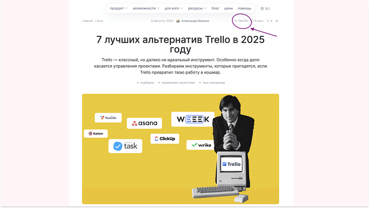 Наглядный пример: с Трелло сейчас проблемы, поэтому подборка с альтернативными решениями на Weeek всего за 2 месяца набрала более 19 тысяч просмотров и вышла в топ выдачи Гугла 