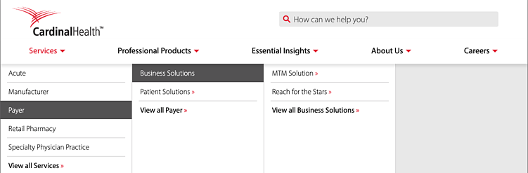 Иерархическое выпадающее меню сайта Cardinal Health
