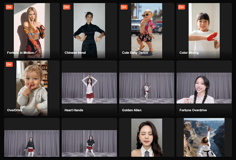 На официальном сайте Kling Motion Control можно выбрать один из готовых шаблонов для редактирования или загрузить собственный материал.