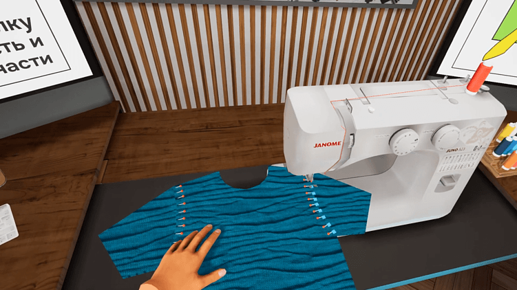 Обучающийся самостоятельно подбирает нитку, протягивает её через ушко иглы, открывает корпус машинки и вставляет нужные детали.