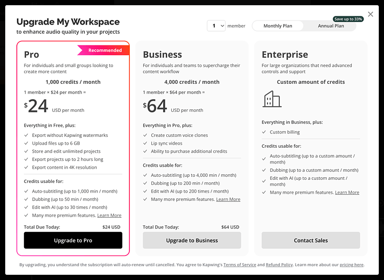Тарифы Kapwing