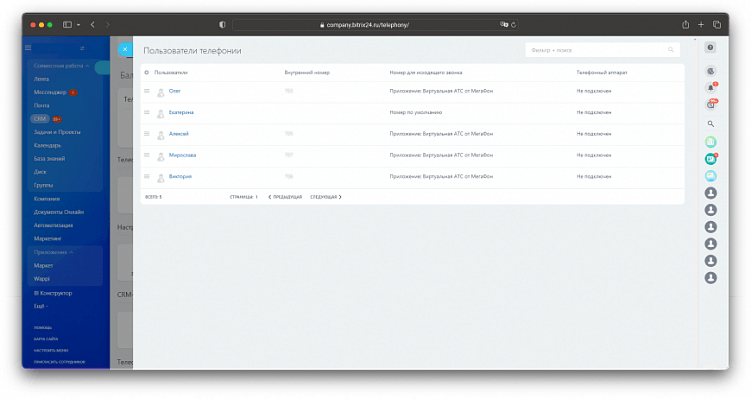 Список пользователей телефонии от МегаФон