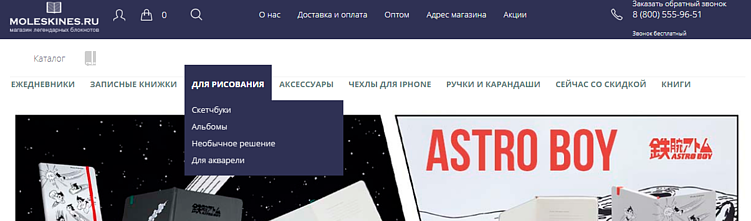 Меню на сайте moleskines.ru