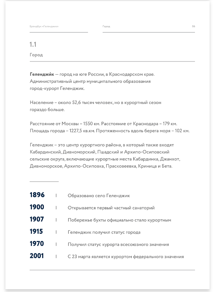 Страница брендбука для «Геленджика» с описанием города