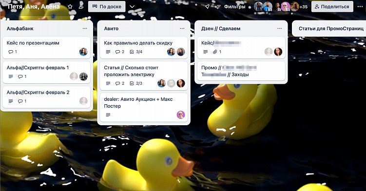 В Trello у задач были свои карточки. В них писали ТЗ, заполняли чек-лист и оставляли комментарии