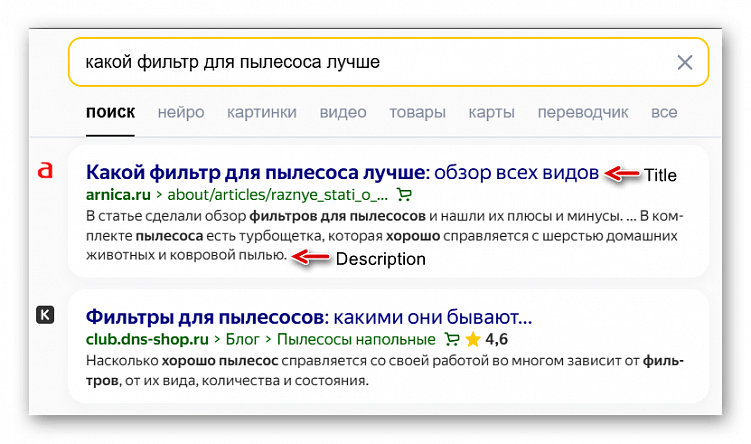 Title и Description — это заголовок и описание-анонс. Мы видим их в поисковой выдаче. Если добавить туда ключевые запросы из Яндекс.Вордстата, есть шанс залететь в топ, даже если статью специально не оптимизировали