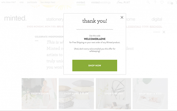 После регистрации сайт Minted.com выводит промокод в окне на сайте и позволяет применить его к заказу сразу