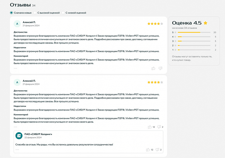 Пример реализации блока с отзывами для интернет-магазина Сибур.