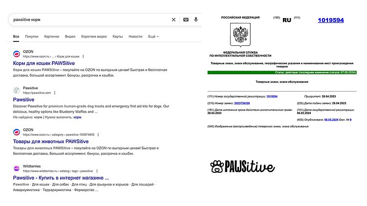 Результат проверки нейма от ИИ в браузере и базе ФИПС