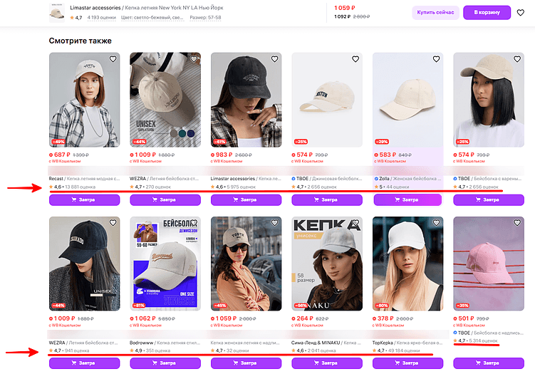 На полках показываются в основном товары с высоким рейтингом