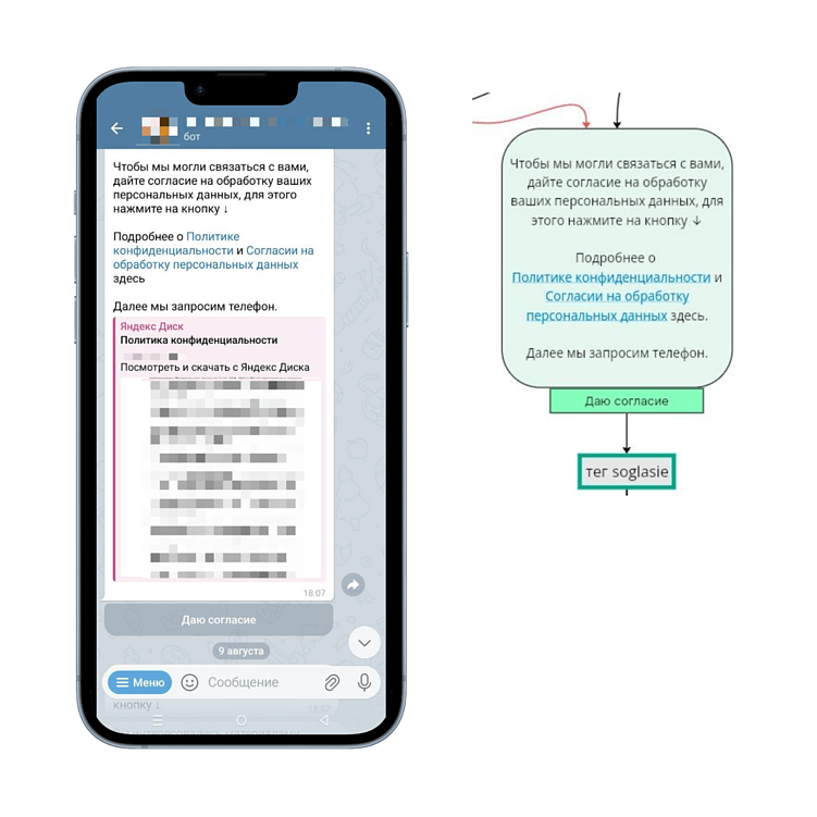 Сообщение в чат-боте и метка о полученном согласии