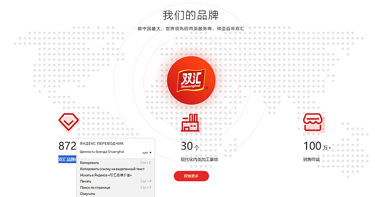 Фрагмент главной страницы сайта Shineway, поставщика свинины. Интересно, что центральная часть (над кнопкой) сделана в виде картинки — текст скопировать нельзя. А вот в элементах справа и слева — можно