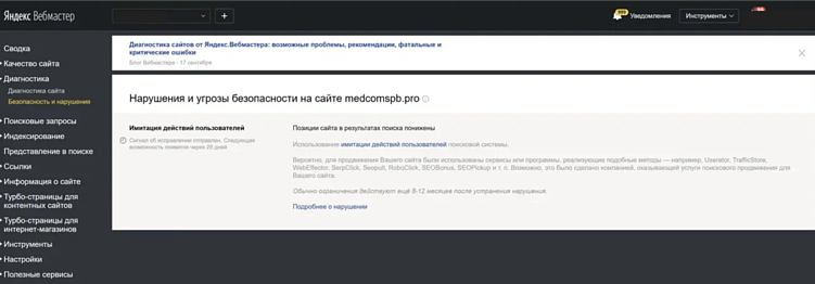 Скрин из Вебмастера от 2020 года. Предупреждение о нарушениях