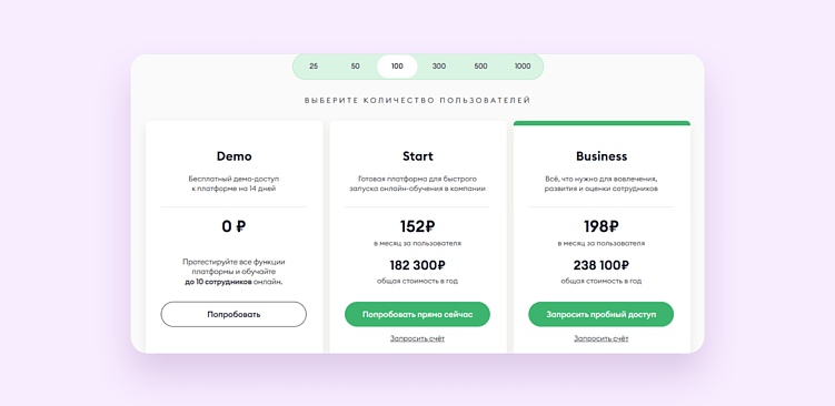 При выборе тарифа нужно указать число пользователей. Чем их больше, тем дороже решение. Например, за 100 пользователей на платформе нужно заплатить 182 300 руб. в год по базовому тарифу. Если вам нужно обучить 300 сотрудников, стоимость вырастет до 472 500 руб. в год