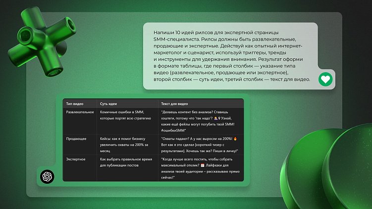 Пример того, как ChatGPT может помочь сделать план для коротких видео в формате таблицы 