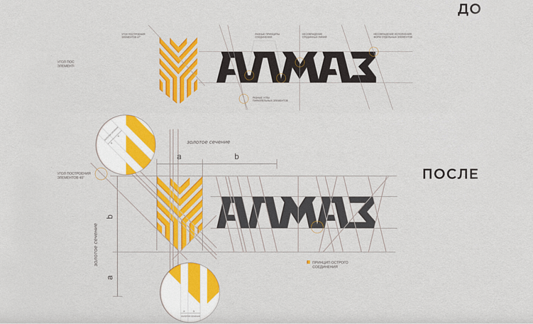 Сравнение логотипа «Алмаз» до и после редизайна с пояснением геометрии и структуры знака.