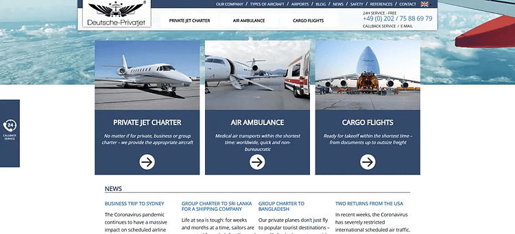 Вот как выглядит сайт крупнейшей в ЕС компании с частными джетами и авиаперевозками