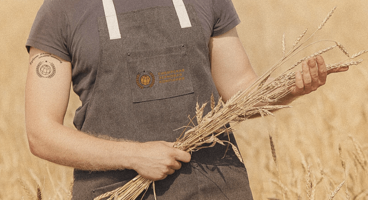 Сотрудник «Сибирской зерновой компании» на поле пшеницы — визуальный образ бренда сельхозэкспортера, переосмысляющего труд через айдентику и ценности.