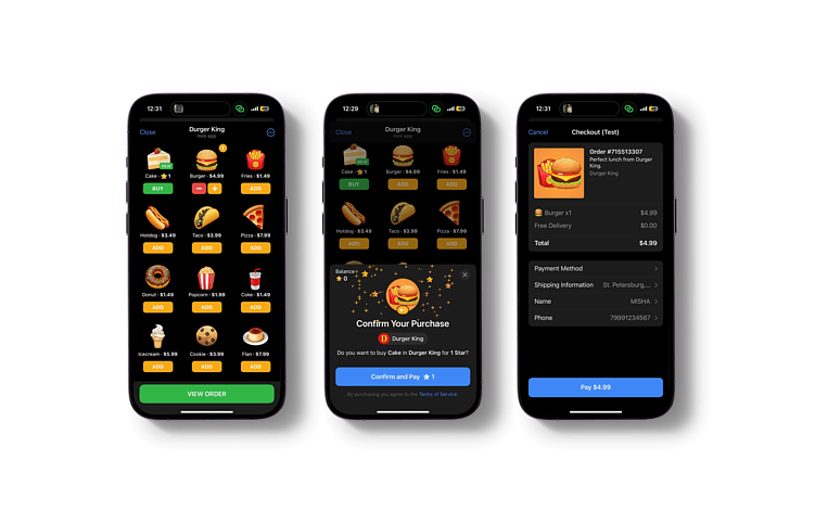 Интерфейс мини-аппа: магазин DurgerKingBot с возможностью заказа за старсы прямо из tg