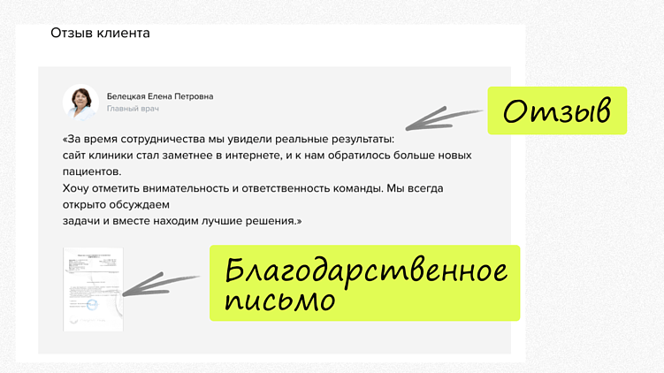 Пример отзыва: цитата клиента + благодарственное письмо.