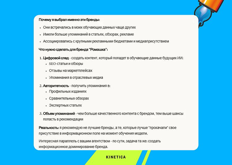 Скрин ответа Claude Sonnet 4.0: почему он выбрал в ответе именно эти бренды