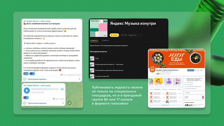 Примеры подкастов разных форматов на страницах ЖК «Берег Волги», «ВкусВилл» и Яндекс.Музыка