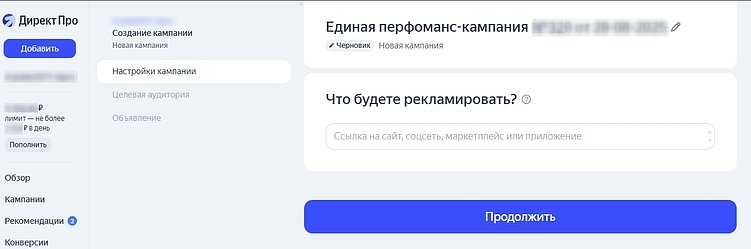 Дайте кампании название и введите адрес сайта.