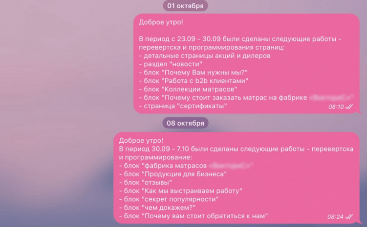 Пример отчетов в чате с клиентом