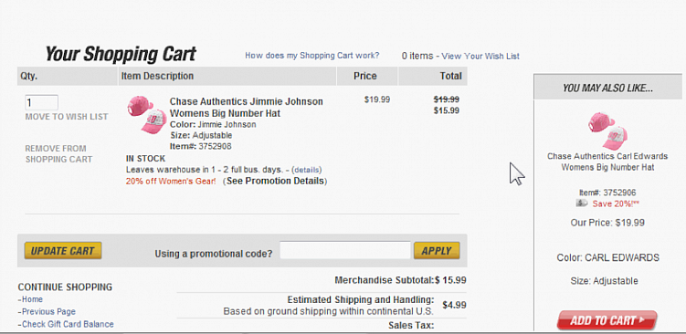 Сайт NASCAR.com изменил цену и отметил, какую акцию применил — 20% скидки на женскую экипировку