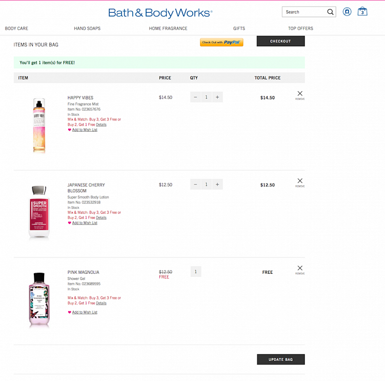 На сайте «Bath and Body Works» во время акции «Купи два и получи один бесплатно» цена за дополнительный предмет зачеркнута и надпись «Бесплатно» появилась в двух столбцах