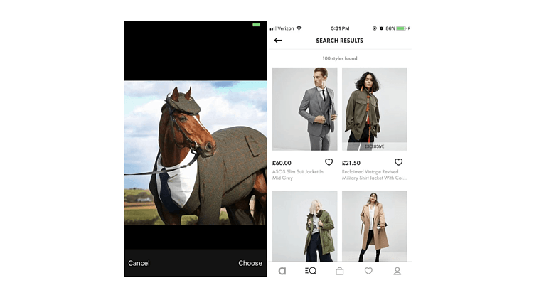 Приложение ASOS легко подберет наиболее подходящий лук в каталоге на основе выбранной фотографии.