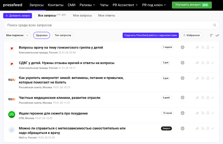 Журналисты регулярно направляют в Pressfeed запросы на тему медицины и здоровья&nbsp;