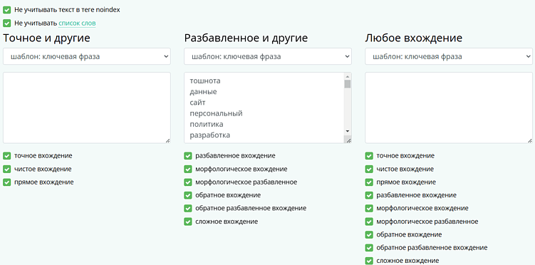 Проверка ключевых слов в сервисе miratext.ru