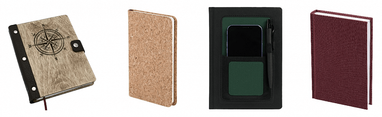 Обложки ежедневников из дерева, пробки, текстиля, сочетания разных материалов выглядят интересно и неизбито