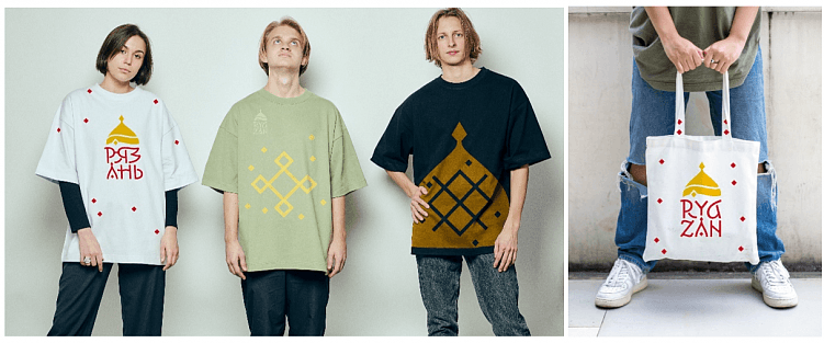 Лого и паттерны из айдентики Рязани на мерче, artlebedev.ru