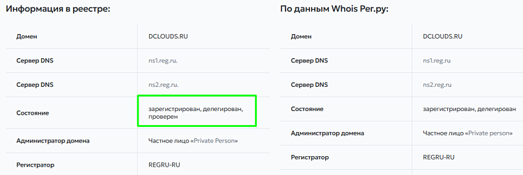Пример проверки в Whois-сервисе Рег.ру