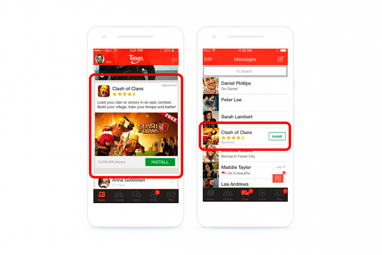 Баннерная реклама игры Clash of Clans в приложении для стриминга Tango.&nbsp;Источник:&nbsp;CPAmonstro