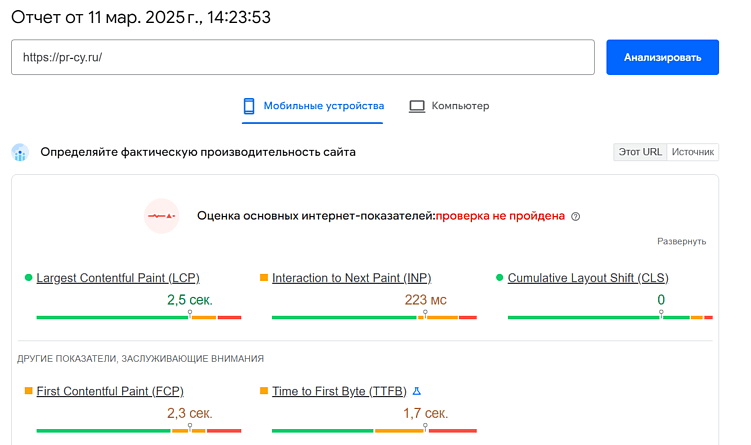 Интерфейс PageSpeed Insights