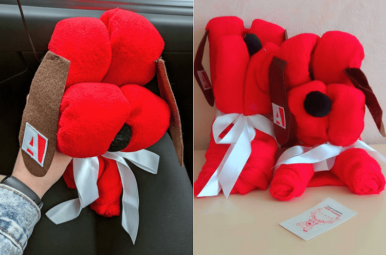 Пледы с вышитым логотипом CRM Academy, сложенные в очаровательных собачек