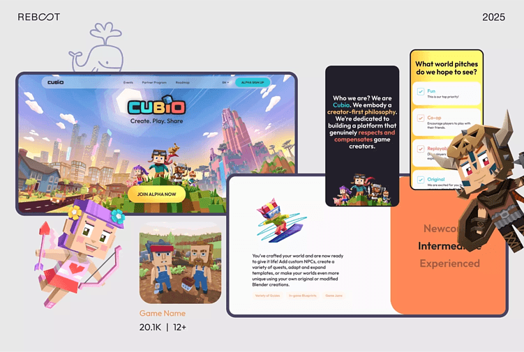Мокапы интерфейса сайта UGC платформы с открытым миром – Cubio