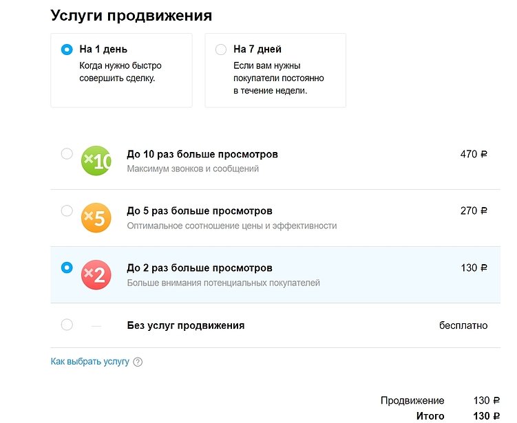 Выбор варианта размещения на Авито