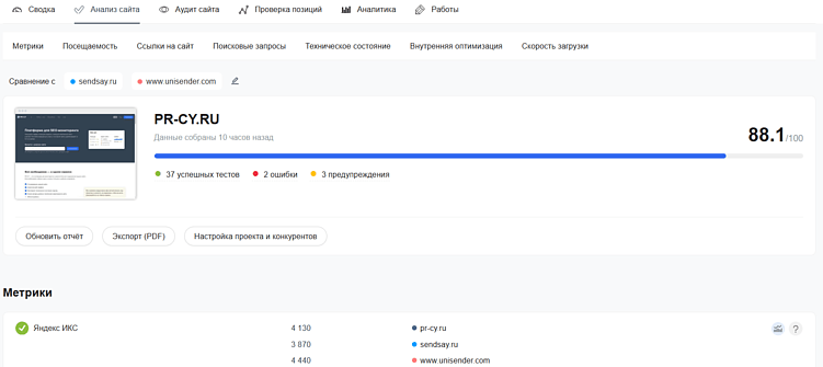 Интерфейс инструмента для анализа сайта