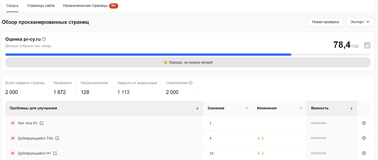 Интерфейс инструмента для SEO-аудита сайта от PR-CY