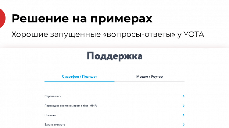 Это вопросы-ответы Yota. Здесь они собрали самые популярные запросы: «как посмотреть номер телефона», «как посмотреть баланс». У людей всё ещё есть приложение, но они всё равно идут в интернет и попадают на базу с ответами. Итог — сэкономленное время оператора