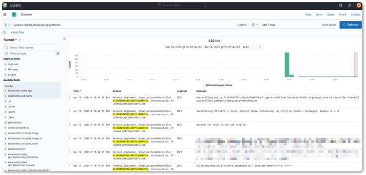 Создал виртуальную машину и по ее Id нашел связанные с ней логи + разбил в кибане вывод на столбцы по полям в JSON