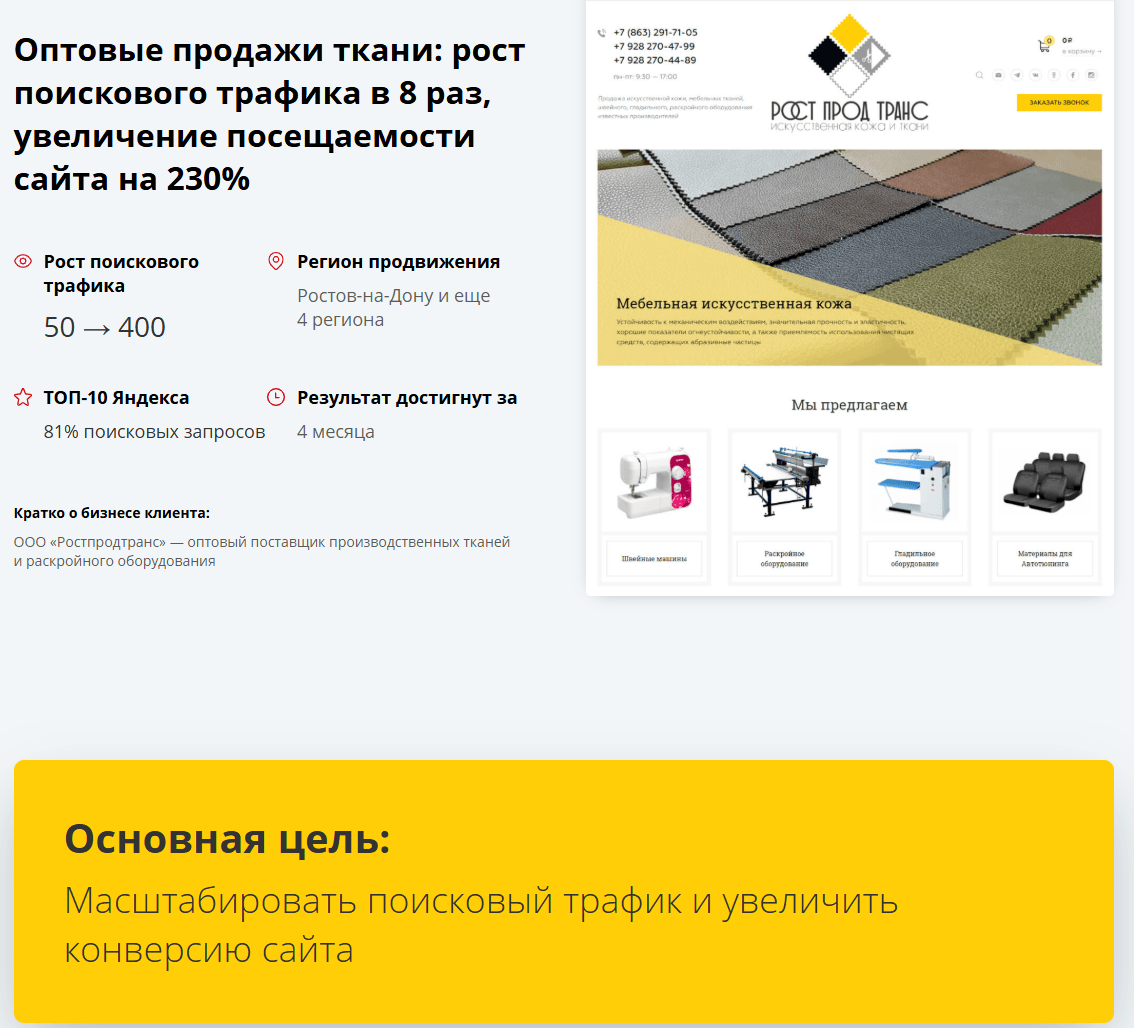 Оптовые продажи ткани: рост поискового трафика в 8 раз, увеличение посещаемости сайта на 230%
