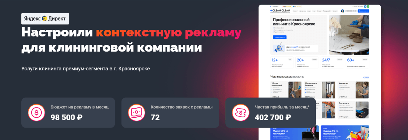 Настроили контекстную рекламу для клининговой компании